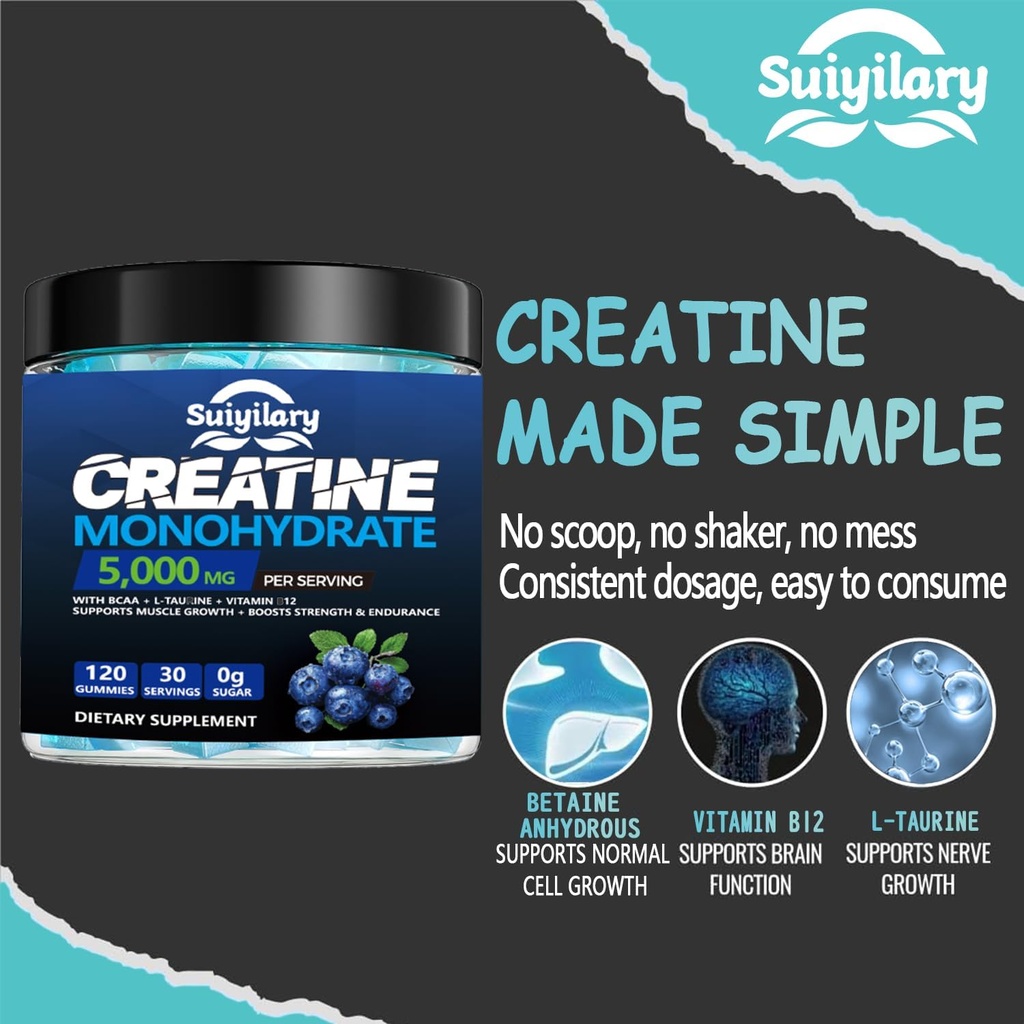 Sugar Free Creatine Monohydrate Gummies Complex 5000mg for Men & Women - 120 Gummies for Muscle Strength, Muscle Builder, Energy Boost, Pre-Workout Supplement, Vegan 5