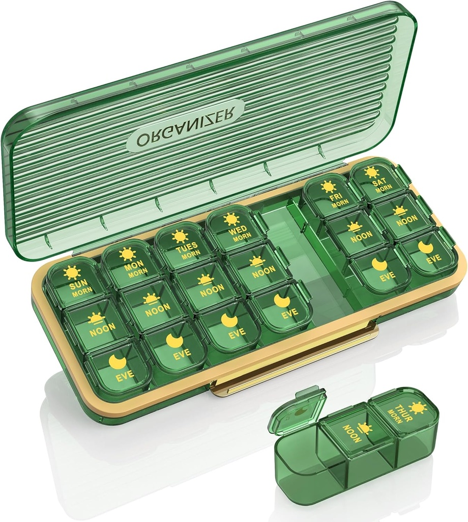 Pill Organizer 3 Times A Day, 7-Day Pill Box 3 Times A Day - Acedada Weekly Medicine Box Organizer, 7 Detachable Portable Daily Pill Container Dispenser Case for Vitamins Fish Oils Supplements, Green 2
