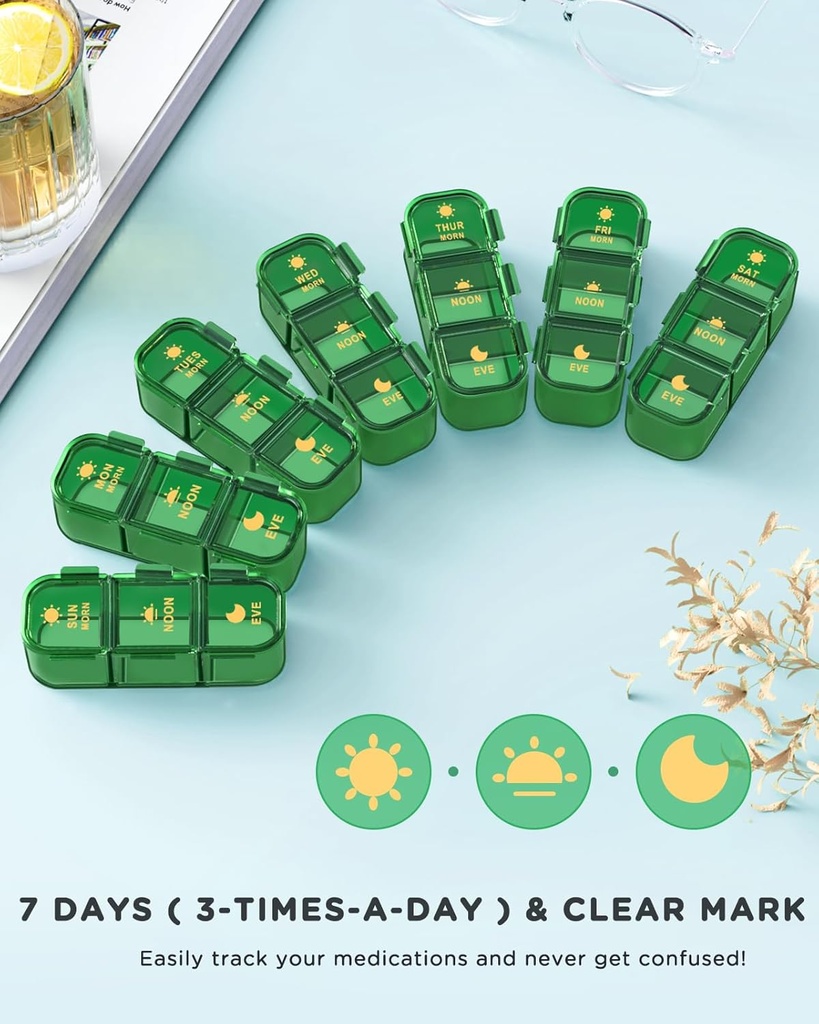Pill Organizer 3 Times A Day, 7-Day Pill Box 3 Times A Day - Acedada Weekly Medicine Box Organizer, 7 Detachable Portable Daily Pill Container Dispenser Case for Vitamins Fish Oils Supplements, Green 4
