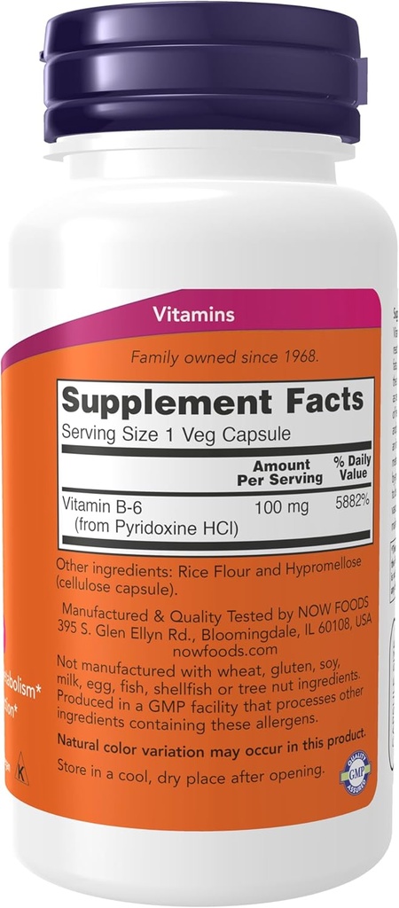 NOW Foods Supplements, Vitamin B-6 (Pyridoxine HCl) 100 mg, Cardiovascular Health*, 100 Veg Capsules 3