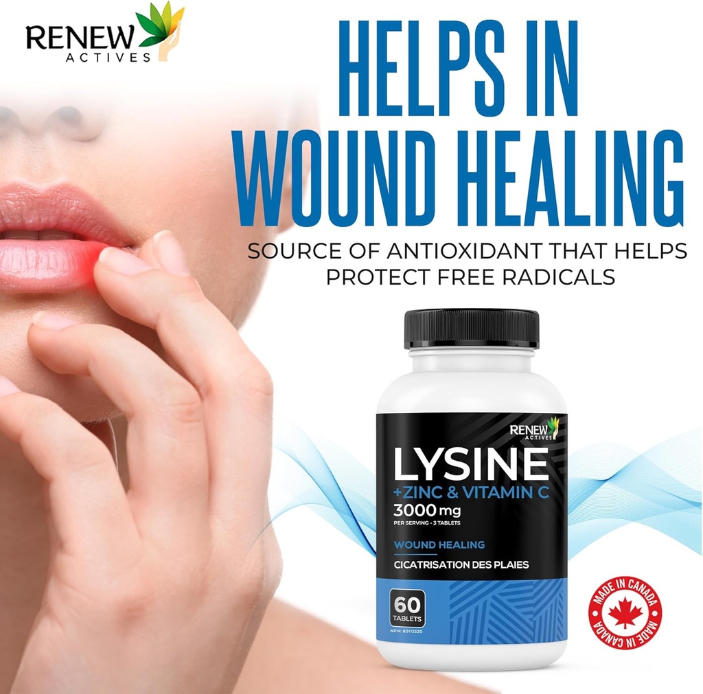 Renew Actives L-Lysine 1000 mg per Serving with Zinc & Vitamin C – Supports Immune Function, Collagen Formation, Antioxidant Support, & Healthy Skin, Hair, & Nails – Made in Canada – 60 Tablets 6
