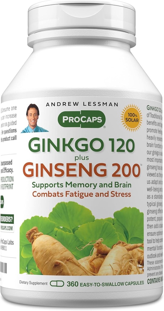 ANDREW LESSMAN Ginkgo 120 Plus Ginseng 200mg - 360 Capsules - Standardized Extract Blend to Support Brain, Memory and Cognitive Function. Adaptogen, Combats Stress and Fatigue. No Additives 2