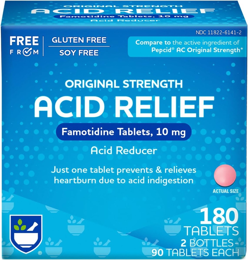 Rite Aid Acid Reducer, Original Strength Famotidine Tablets, 10 mg - 2 Bottles, 90 Count Each (180 Count Total) | Heartburn Relief | Acid Reflux | Antacid Chews & Tablets, Heartburn Chews & Tablets 2