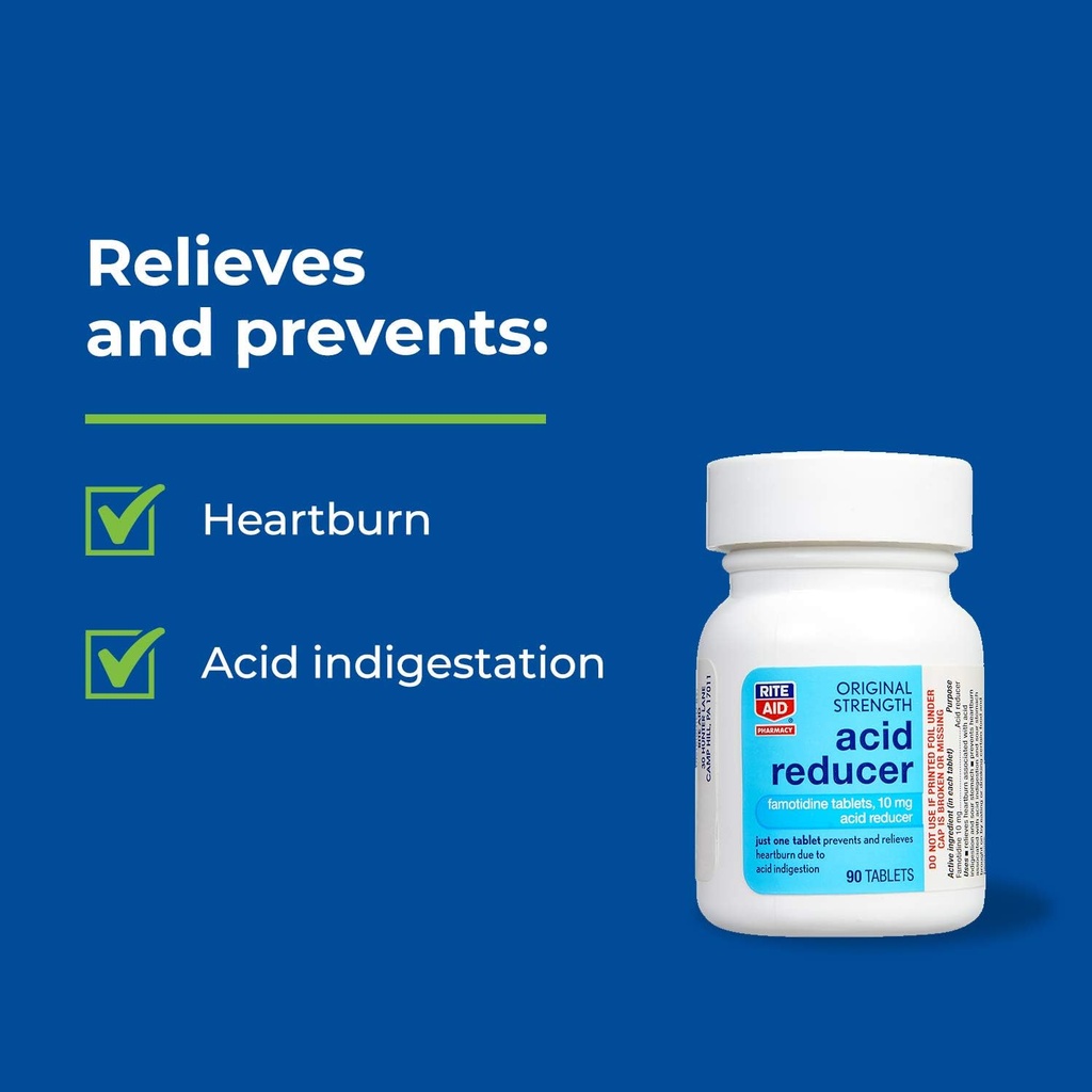 Rite Aid Acid Reducer, Original Strength Famotidine Tablets, 10 mg - 2 Bottles, 90 Count Each (180 Count Total) | Heartburn Relief | Acid Reflux | Antacid Chews & Tablets, Heartburn Chews & Tablets 4
