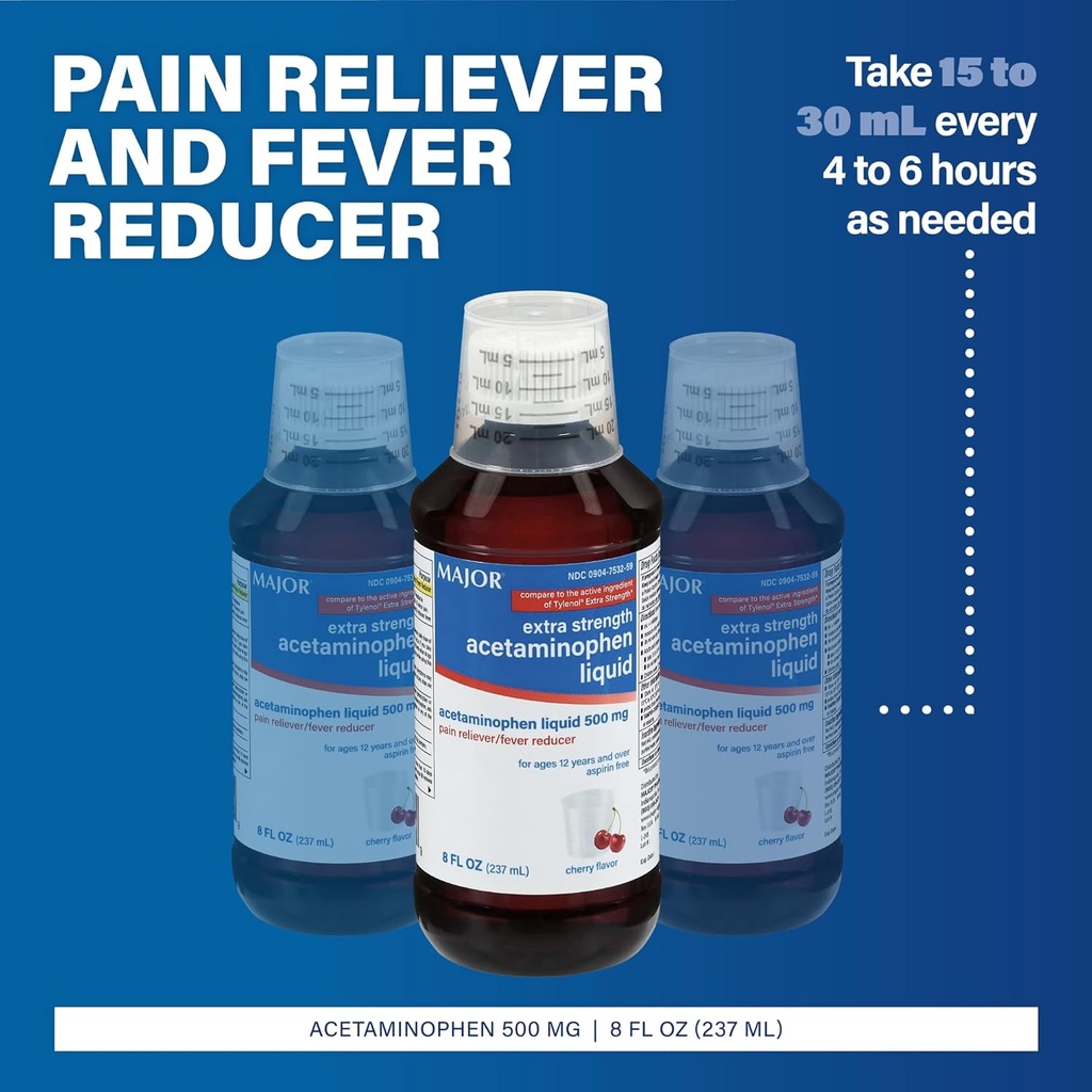 MAJOR Adult Extra Strength Liquid Acetaminophen 500mg - Helps Relieve Pain and Reduce Fevers - Aspirin Free - Cherry Flavor - 8 Fl Oz (1 Pack) 3