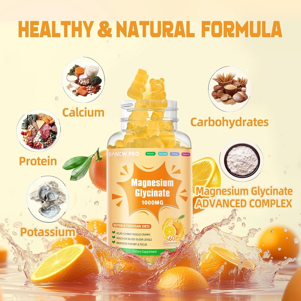 Magnesium Glycinate Gummies 1000mg - Sugar Free Magnesium Potassium Supplement with Vitamin D, B6, CoQ10 for Calm Mood & Sleep Support - 60 Orange Gummies 3