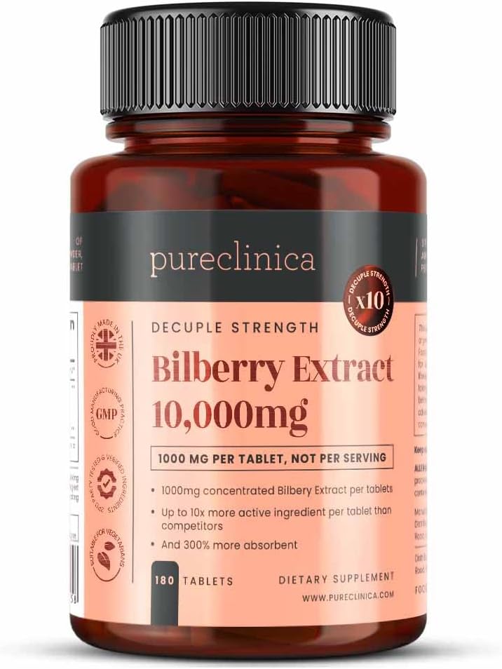 pureclinica Bilberry Extract 10,000mg x 180 Tablets (6 Months Supply)- 10X More anthocyanidin Plus 5mg Black Pepper per Tablet 2