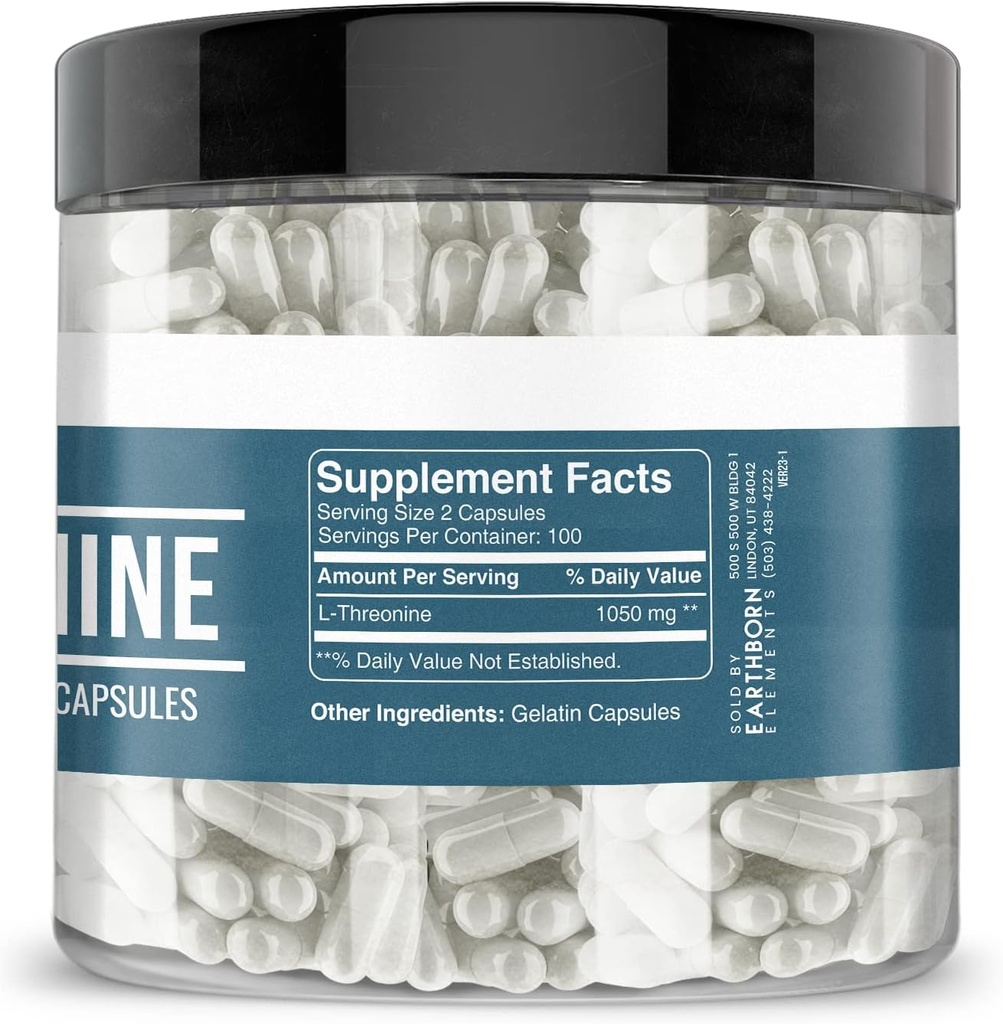 Earthborn Elements L-Threonine 200 Capsules, Essential Amino Acid, Pure & Undiluted, No Additives 4