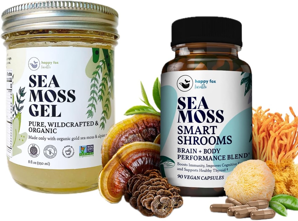 HAPPY FOX Brain & Body Convenience Capsules Bundle - Organic Sea Moss Gel & Smart Shrooms Capsules - Irish Sea Moss & Mushroom Complex, Nootropic Brain Supplements for Memory & Focus 2