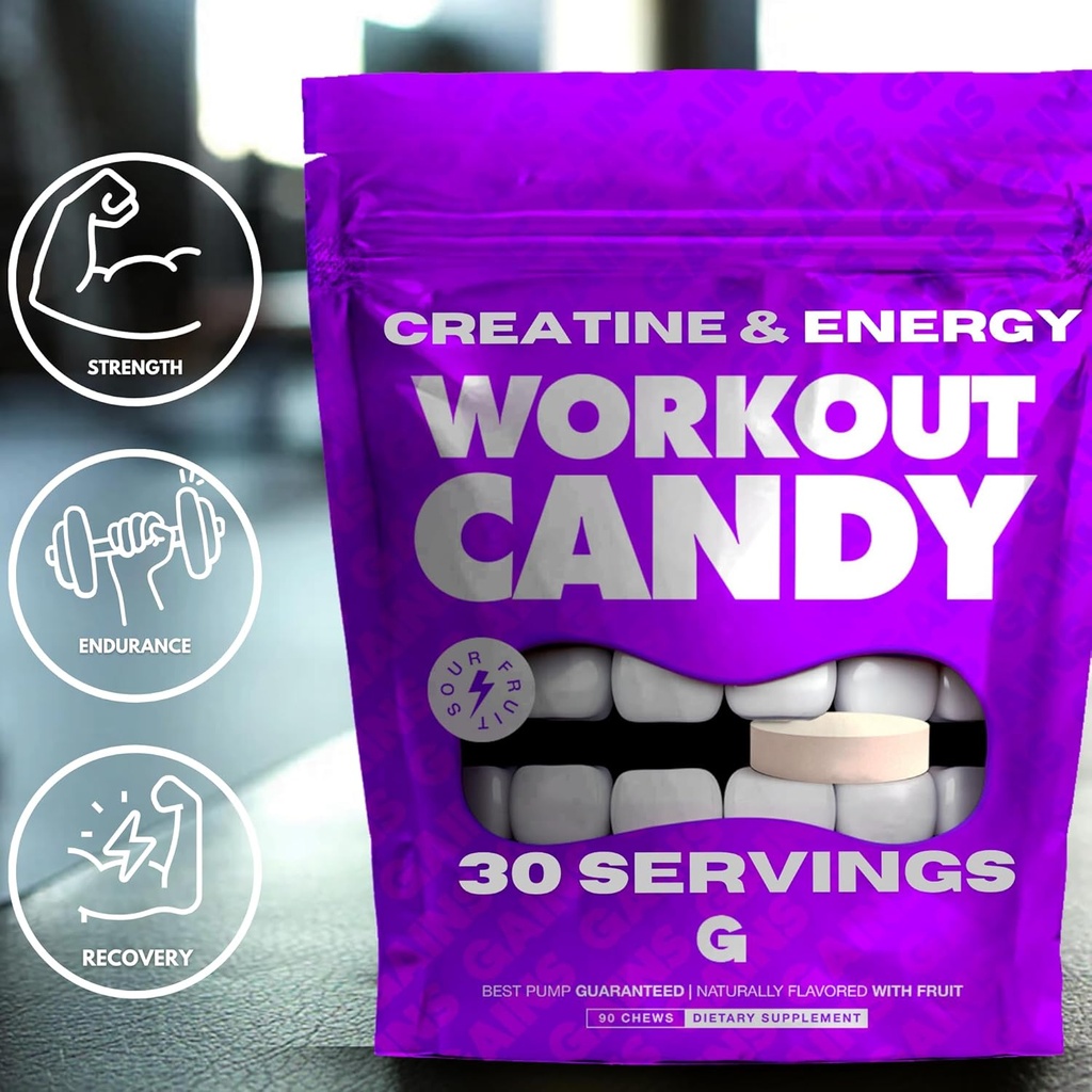 Gains in Bulk Workout Candy, Pre Workout Chews with Creatine and Caffeine for Energy, Focus, Muscle and Pump, Nitric Oxide Support, Supplements for Men and Women, Sour Fruit, 90 Vegetarian Chews 2