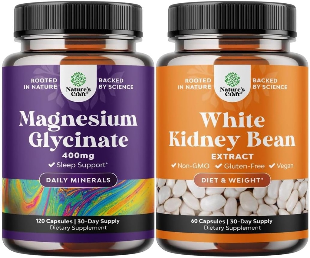 Bundle of Magnesium Glycinate 400mg Capsules and White Kidney Bean Energy Booster - White Kidney Bean Extract Pill and Natural Vegetarian Supplements 2