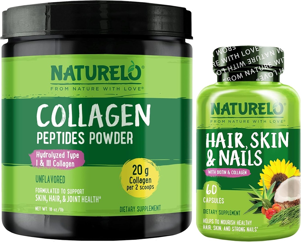 NATURELO Hair, Skin and Nails Multivitamin, 60 Count Collagen Peptide Powder, 45 Servings 2