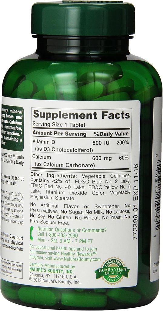 Nature's Bounty High Potency Calcium 600 + D Tablets - 0250ct, 1.17 Bottles (Pack of 2) 4
