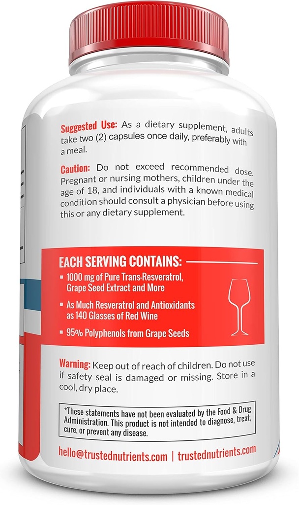 Trusted Nutrients Resveratrol Supplement - Healthy Aging and Heart Health Blend – with Trans Resveratrol, Grape Seed Extract, Acai Berry and Maqui Berry – 1000 mg 180 Capsules 5