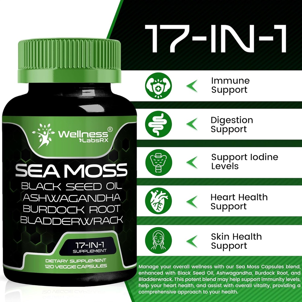 Irish Sea Moss Capsules, 17-in-1, Seamoss Black Seed Oil, 120 Count, Ashwagandha Burdock Root Organic Bladderwrack Capsules | Organic Sea Moss Advanced, Immune and Blood Pressure Support 6