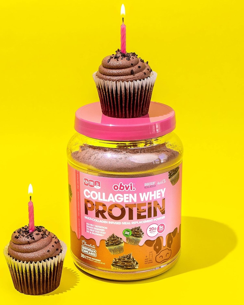Obvi Collagen Whey Protein Powder | Post Workout Shake, Supports Muscle Growth, Healthy Hair, Skin, Nails, Joints, Gut | Multi-Collagen Infused Meal Replacement | Chocolate Bday Cupcakes, 20 Servings 6