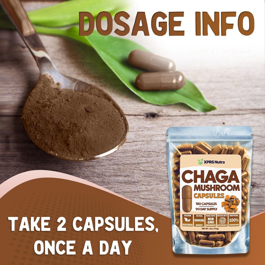 XPRS Nutra Chaga Mushroom Capsules - Premium USDA Chaga Mushrooms Capsules- Encapsulated Chaga Mushroom Powder for an Immunity Boost - Vegan Friendly Superfood for Chaga Tea and Beverages - 180 Count 6