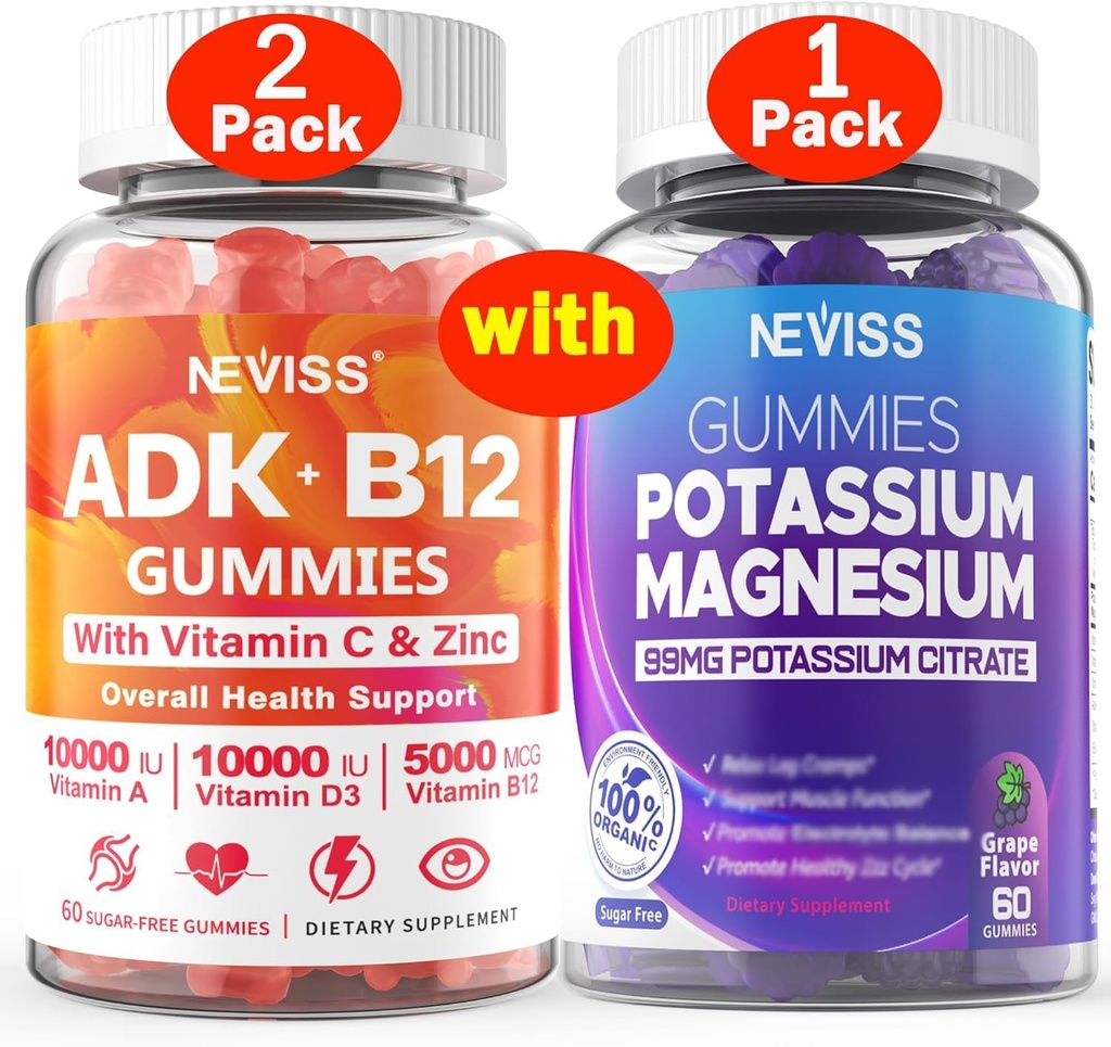 NEVISS 2Pack Vitamin ADK with B12 + 1Pack Potassium Magnesium Gummies 2