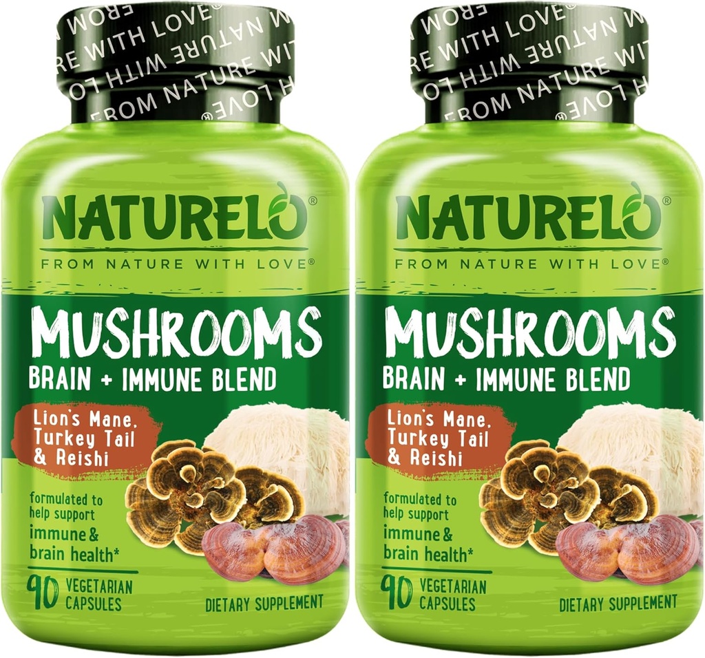 NATURELO Mushroom Supplement – Brain & Immune Health Blend with Lion’s Mane, Reishi, Turkey Tail – 90 Vegan Friendly Capsules (Pack of 2) 2