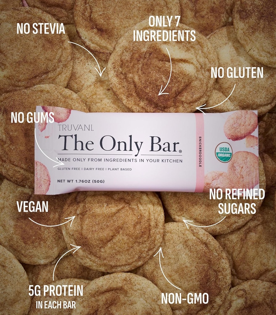 Truvani Plant Based Snack Bars | Snickerdoodle 12 Pack | 5g Protein | USDA Organic and Vegan | The Only Bar | Dairy, Soy, and Gluten Free | Individually Wrapped 3