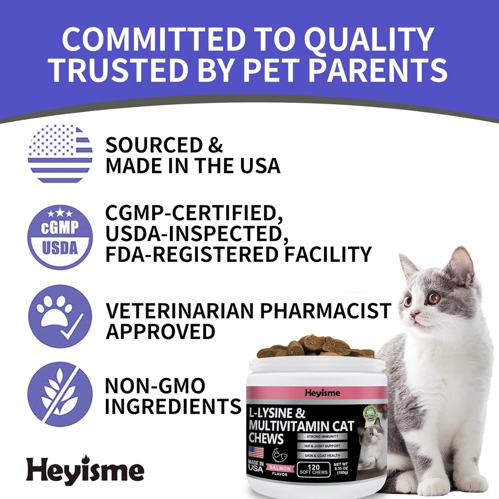 Lysine Supplement for Cats, Cat Treats for Sneezing and Runny Nose, Cold, Cat Immune Support, Eye Function, and Respiratory Health, L-Lysine cat Vitamins for Cats (120 Pills, Salmon) 6