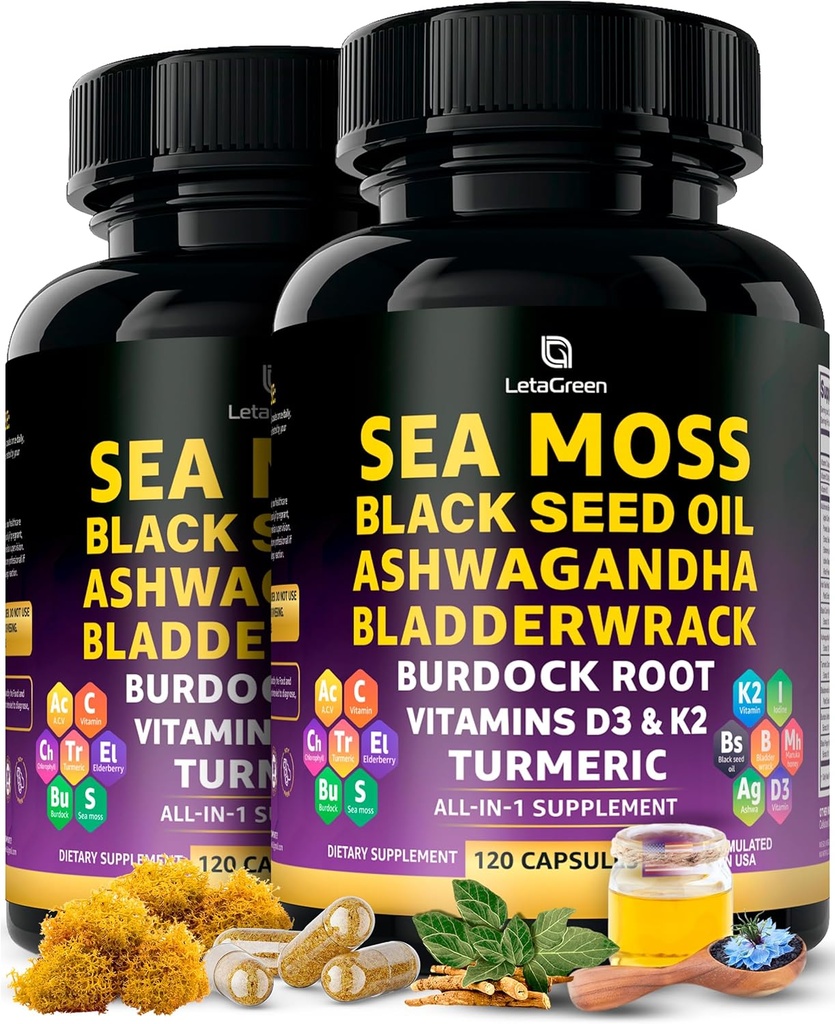 Sea Moss Capsules – 17-in-1 Blend with Black Seed Oil Ashwagandha Bladderwrack Burdock Root Turmeric Vitamin D3 K2 C for Daily Wellness – Multimineral Supplement for Men & Women – 240 Count 2