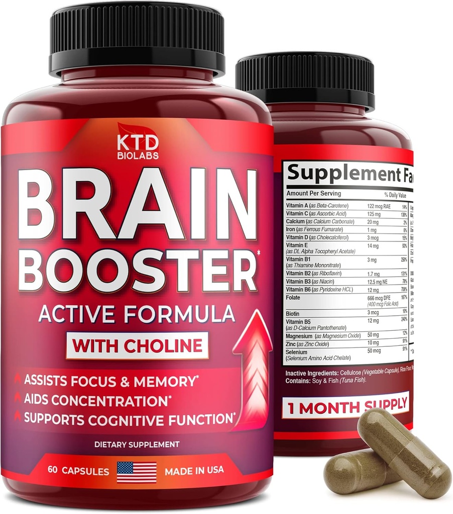Nootropics Brain Support Supplement - Made in USA - Natural Brain Booster Supplement for Focus, Memory, Clarity, Energy Enhancement - Bacopa Monnieri, Choline & DMAE, 60 Capsules 2