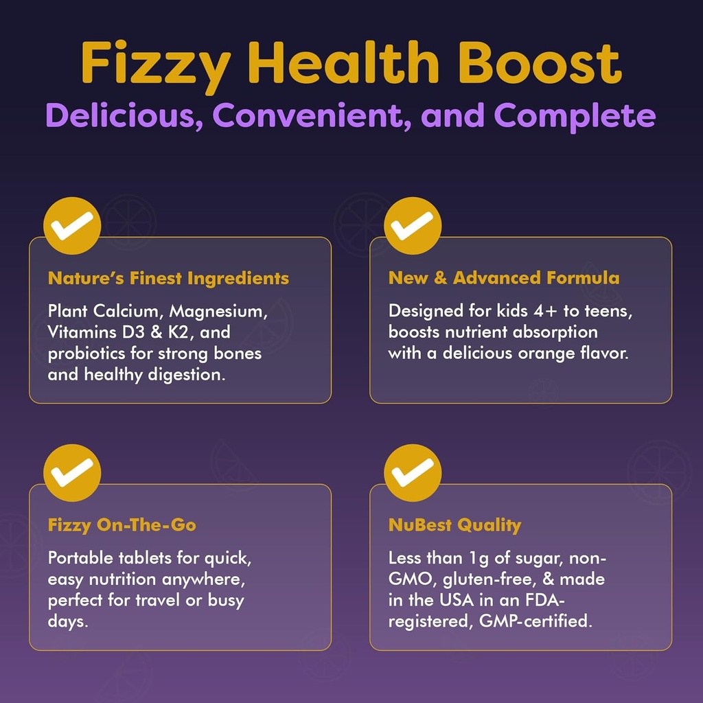 NuBest Tall Fizzy - Bone Strength, Immunity, Digestive Health for Kids Age 4+ & Teens | Probiotic, Calcium, Magnesium from Red Marine Algae, Vitamins | 10 Orange Effervescent Tablets | 2 Weeks Supply 4