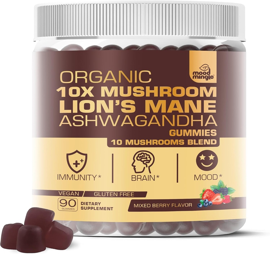 Organic 10X Lion’s Mane Mushroom Gummies for Kids Adults (4350mg) - Gluten Free Daily Supplement Complex Blend with Reishi Turkey Tail Shiitake 2