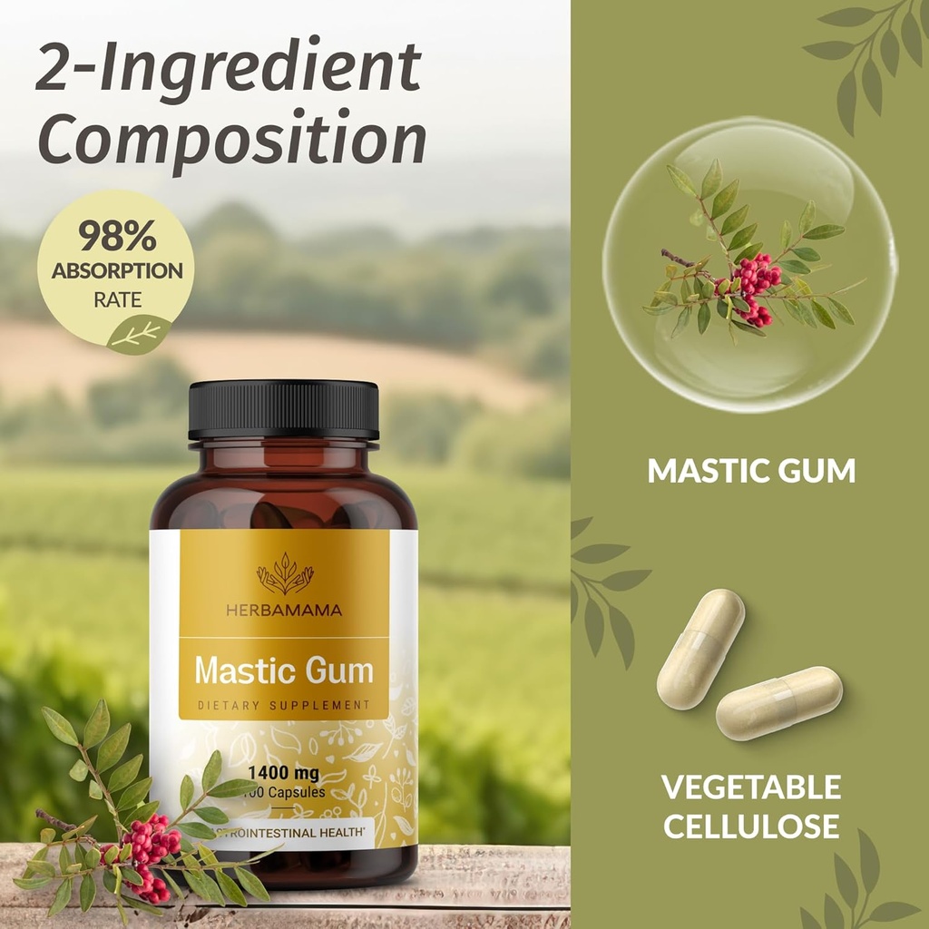 HERBAMAMA Mastic Gum Capsules 1400mg - Gut & Digestive Support with Mastic Gum Supplement - Vegan, Non-GMO Resin Digestion Capsules 5