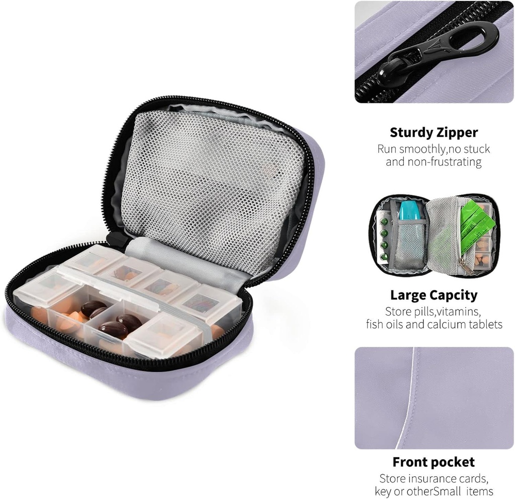 Naanle Pill Box 7 Day Case Travel Organizer Bag with Zipper Portable Weekly Compact Size for Vitamin Supplement Holder, Solid Color Lavender Purple, 4.6 x 3.14 1.88 Inch, 0.12 kilograms 5