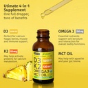 (4 Pack) Organic Vitamin D3 K2 Drops with MCT Oil Omega 3, Maximum Strength Vitamin D Liquid 5000 IU, No Fillers, Non-GMO Liquid D3 for Faster Absorption and Immune Support (Pineapple, 4 Fl Oz) 5