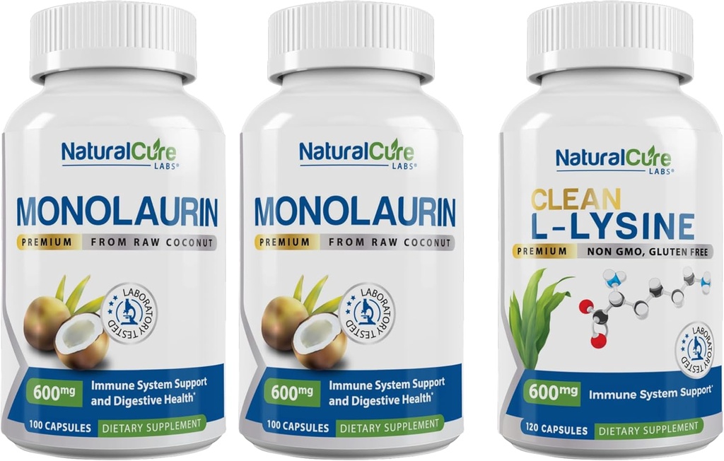 Natural Cure Labs Bundle: Monolaurin 600mg 2 Pack + Clean L-Lysine 2