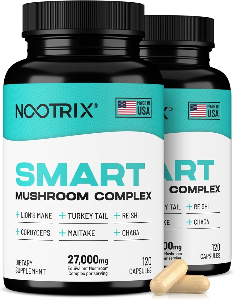 Nootrix Smart Mushrooms Complex Supplement | Supports Memory, Mental Focus, Cognitive Health & Energy | 27,000mg Organic Mushrooms | Lions Mane, Reishi, Cordyceps, Chaga & Turkey Tail | 240 Capsules 2