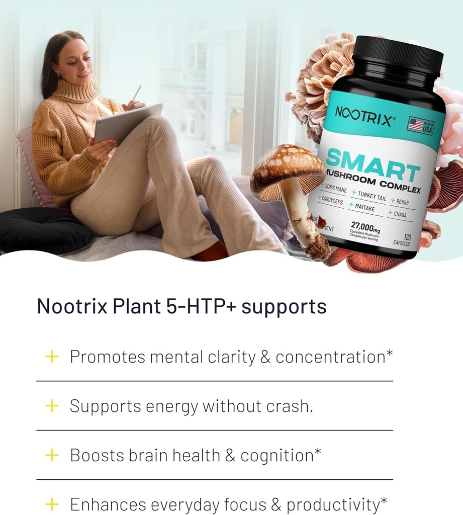 Nootrix Smart Mushrooms Complex Supplement | Supports Memory, Mental Focus, Cognitive Health & Energy | 27,000mg Organic Mushrooms | Lions Mane, Reishi, Cordyceps, Chaga & Turkey Tail | 240 Capsules 4