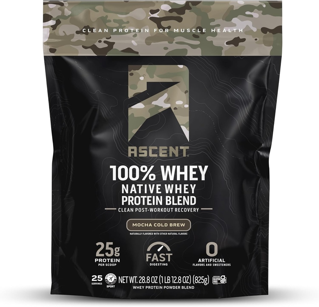 Ascent 100% Whey Protein Powder - Post Workout Whey Protein Isolate, Zero Artificial Flavors & Sweeteners, Gluten Free, 5.5g BCAA, 2.6g Leucine, Military Exclusive, Mocha Cold Brew 1.7 lb 2