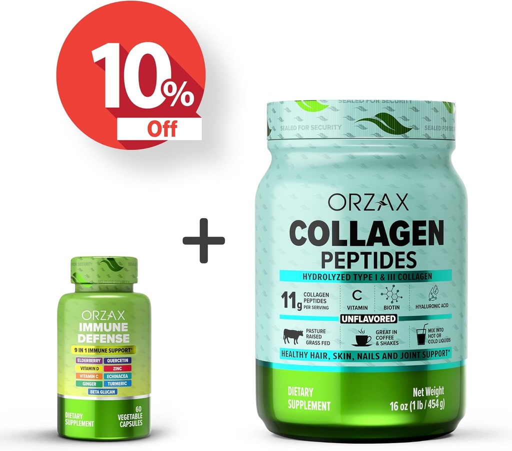 ORZAX Immune Support 9-in-1 Powerful Supplement and Collagen Peptides Powder Unflavored 16 oz, Bundle 2