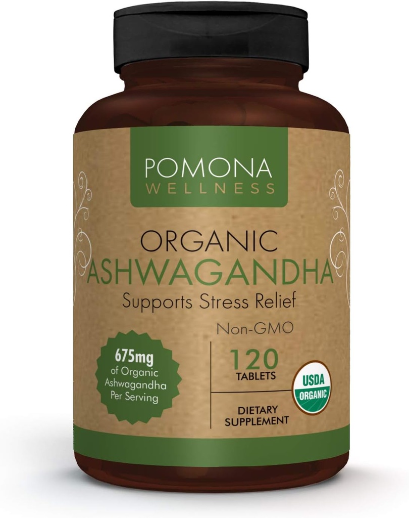 Pomona Wellness Organic Ashwagandha Supplement for Stress Support, 1,350 mg Mood Enhancer & Thyroid Support, USDA Organic, Vegan, Non-GMO, 120 Ashwagandha Root Powder Tablets 2