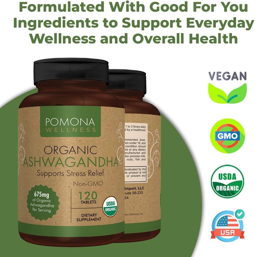 Pomona Wellness Organic Ashwagandha Supplement for Stress Support, 1,350 mg Mood Enhancer & Thyroid Support, USDA Organic, Vegan, Non-GMO, 120 Ashwagandha Root Powder Tablets 4