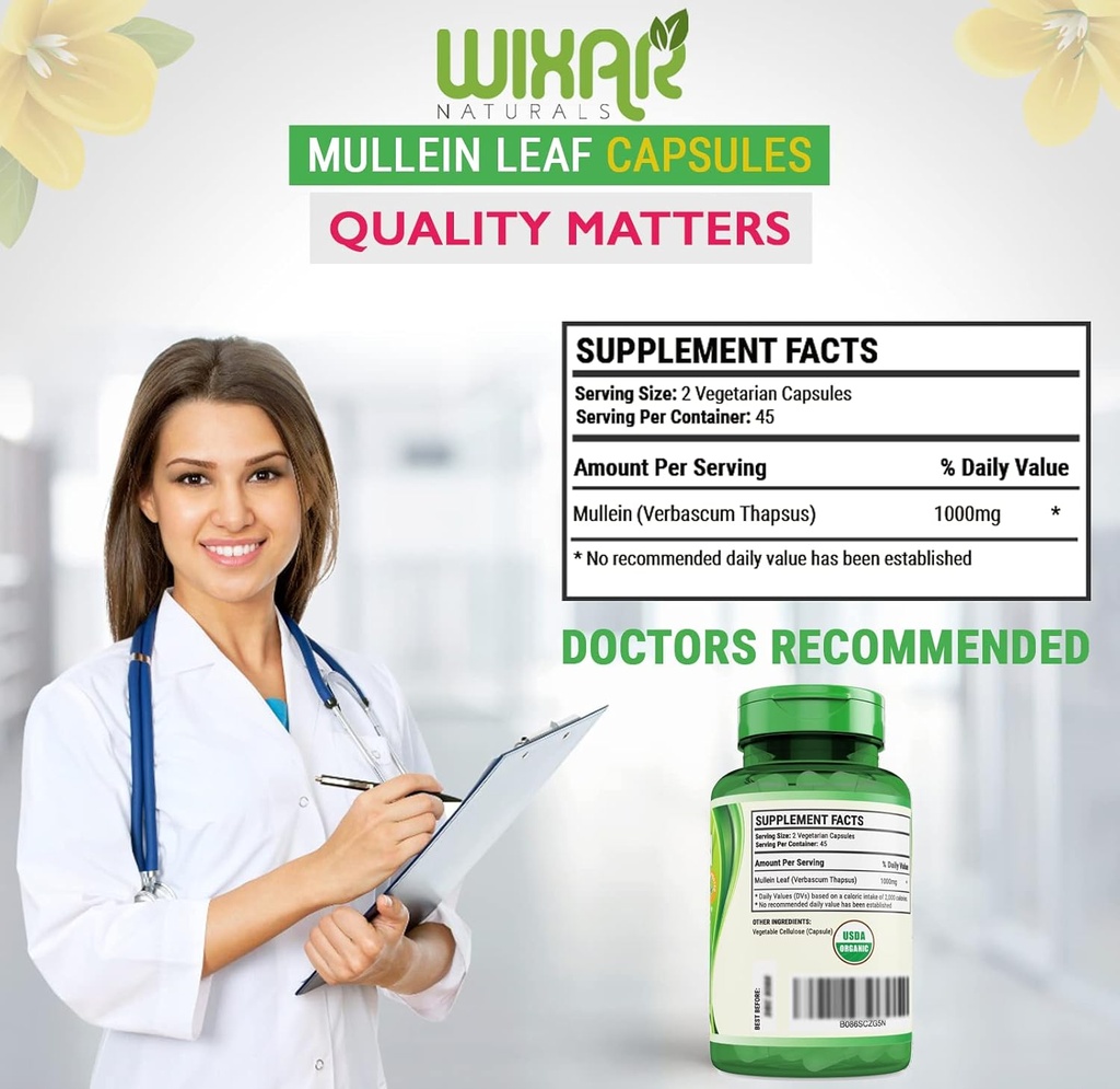 Mullein Leaf Capsules - 90 Capsules - Herbal Supplement Supports Healthy Respiratory Function & Mucous Membranes - 1000 mg - Natural Mullein for Lung Cleanse Support 6