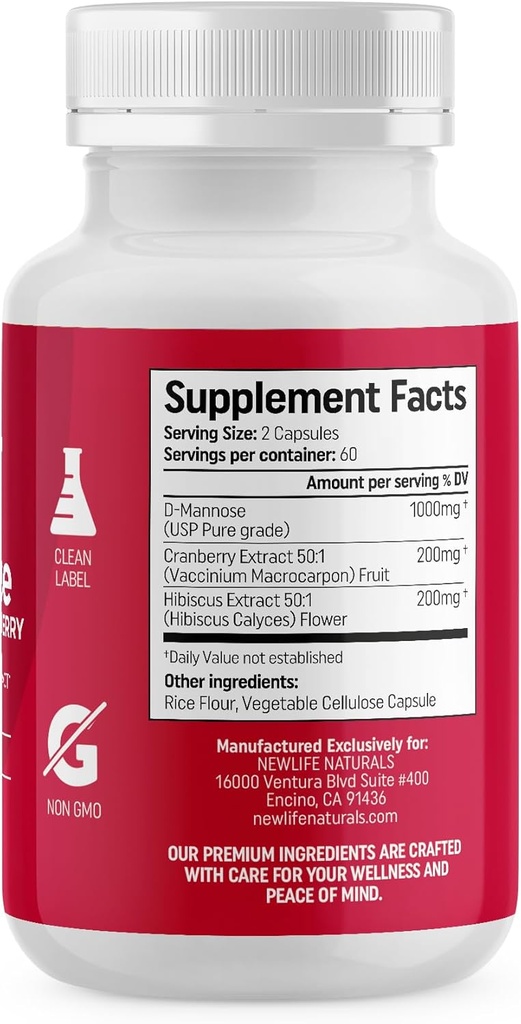NewLife Naturals D-Mannose Capsules | w/Cranberry and Hibiscus Extracts | Natural Urinary Tract Health Supplement | 1400mg Pure Veggie Powder | 120 Veggie Capsules 3