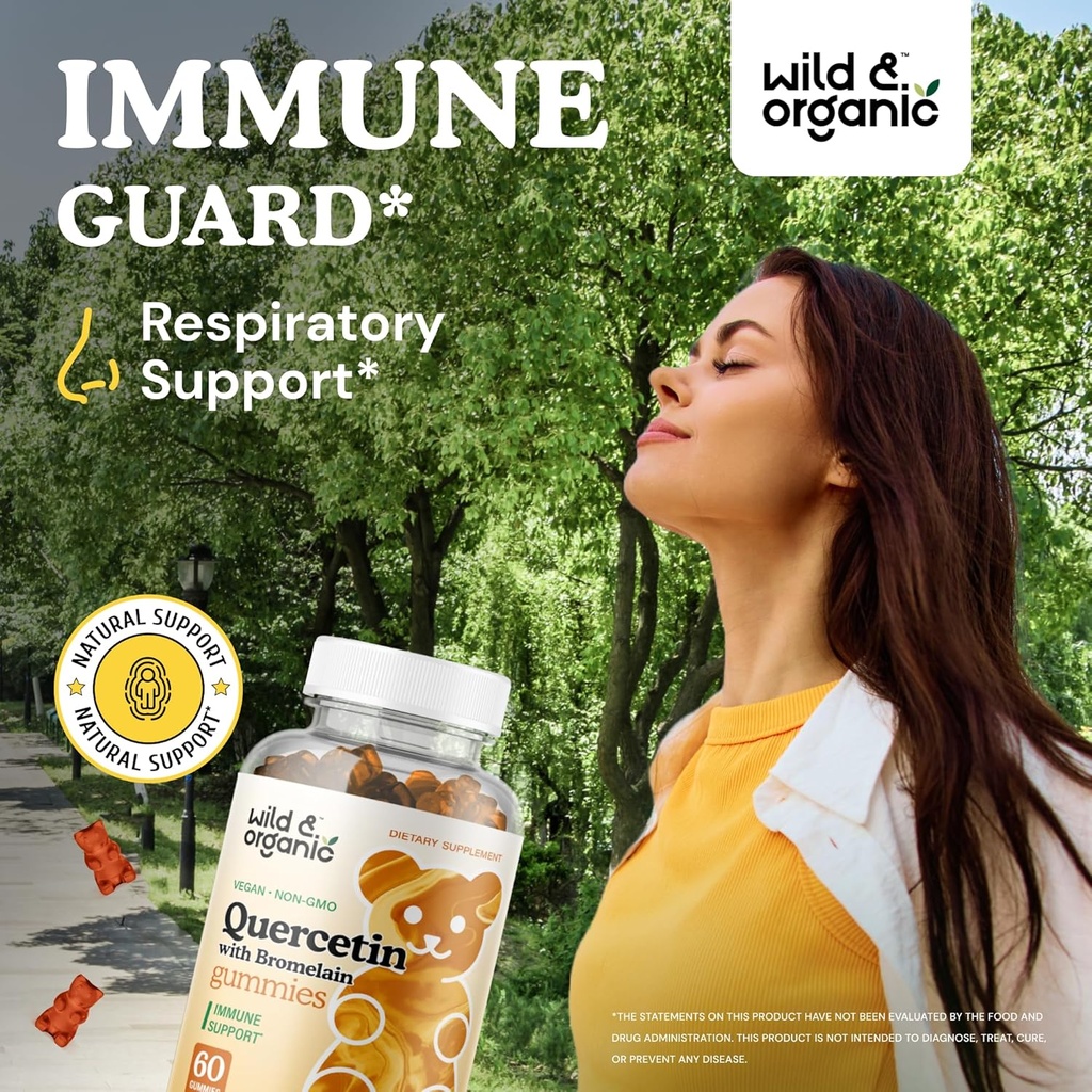 Wild & Organic Quercetin with Bromelain Gummies 800mg - Vegan Bromelain Supplement for Lung Detox and Immune Support - 60 Non-GMO Quercetin Gummies 3