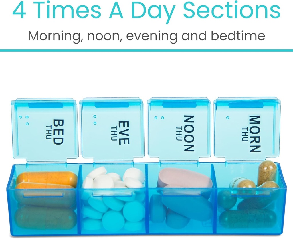 Vive Weekly Pill Organizer 4 Times a Day - 7 Days Pill Boxes for Morning, Noon, Evening, Night - Extra Large Medicine, Vitamin & Supplement Dispenser with Premium Leather Case and Splitter Cutter 5