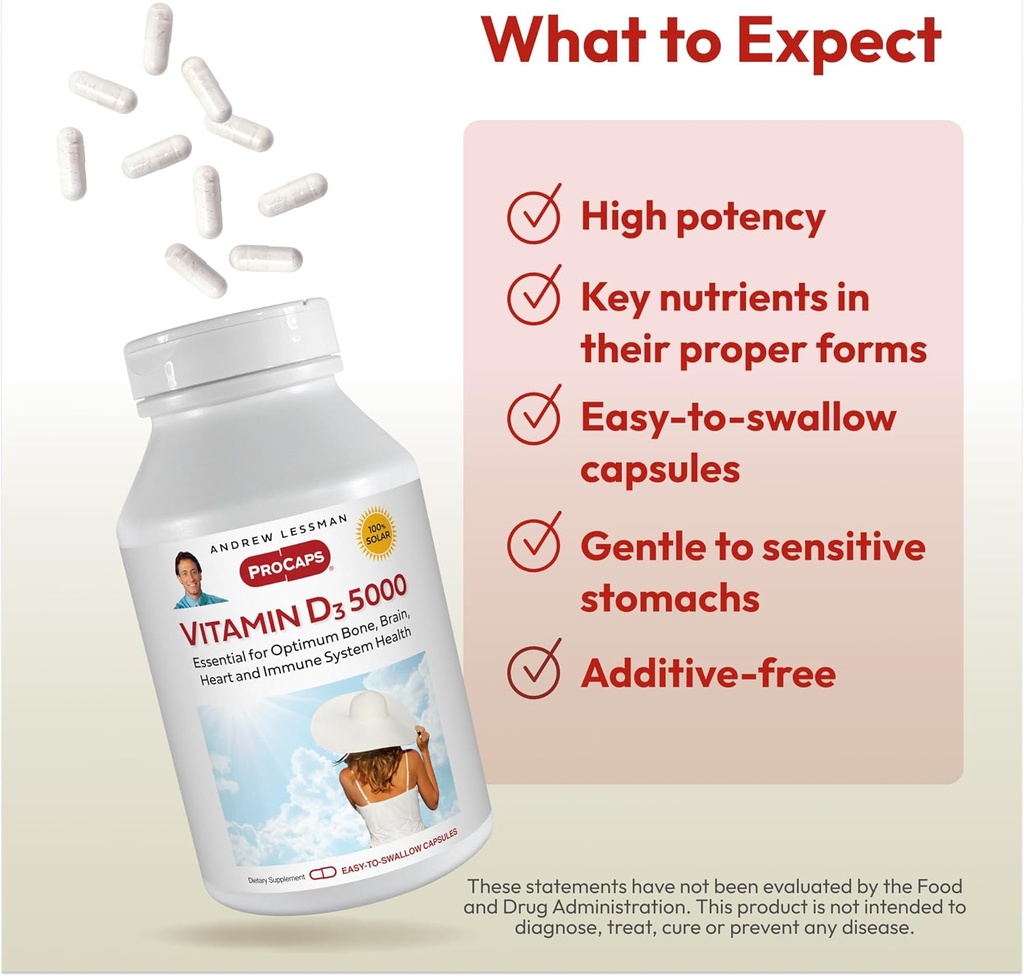 ANDREW LESSMAN Vitamin D3 5000 IU 60 Capsules - High Potency, Essential for Calcium Absorption, Supports Bone Health, Healthy Muscle Function, Immune System, More. Small Easy to Swallow Capsules 5
