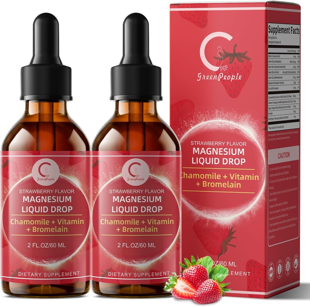 (2 Pack) Magnesium Glycinate Liquid Drops with Citrate & Taurate,Triple Magnesium Complex Supplement with Calcium, Potassium for Energy, Sleep, Muscle, Immune, Sugar Free, Strawberry Flavor, 4 Fl OZ 2