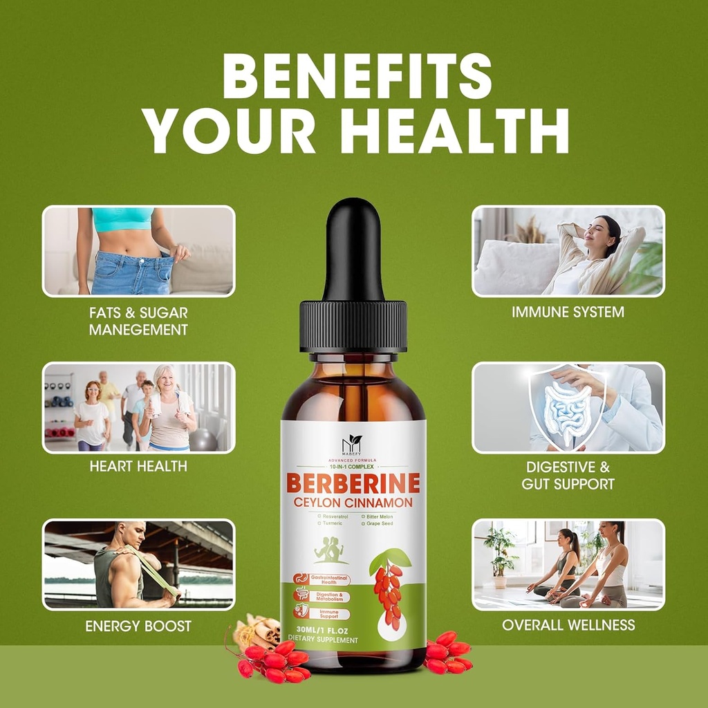 Berberine Supplement Liquid Drops, Berberine 1500mg with Ceylon Cinnamon, Turmeric, Resveratrol, Bitter Melon, Vegan Supplement, Supports Immune System & Digestive System - 2 FL Oz 5
