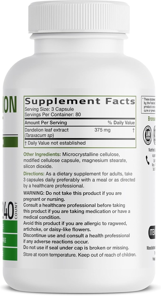 Bronson Dandelion Root High Potency Supplement, Supports Overall Good Health & Well-Being, Traditional Diuretic Herb - Non-GMO, 240 Vegetarian Capsules 3
