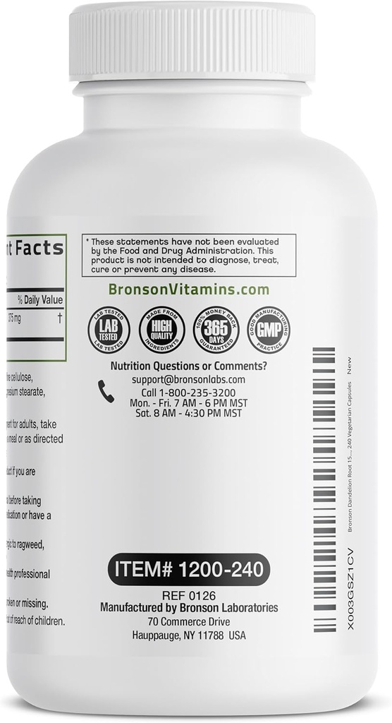 Bronson Dandelion Root High Potency Supplement, Supports Overall Good Health & Well-Being, Traditional Diuretic Herb - Non-GMO, 240 Vegetarian Capsules 6