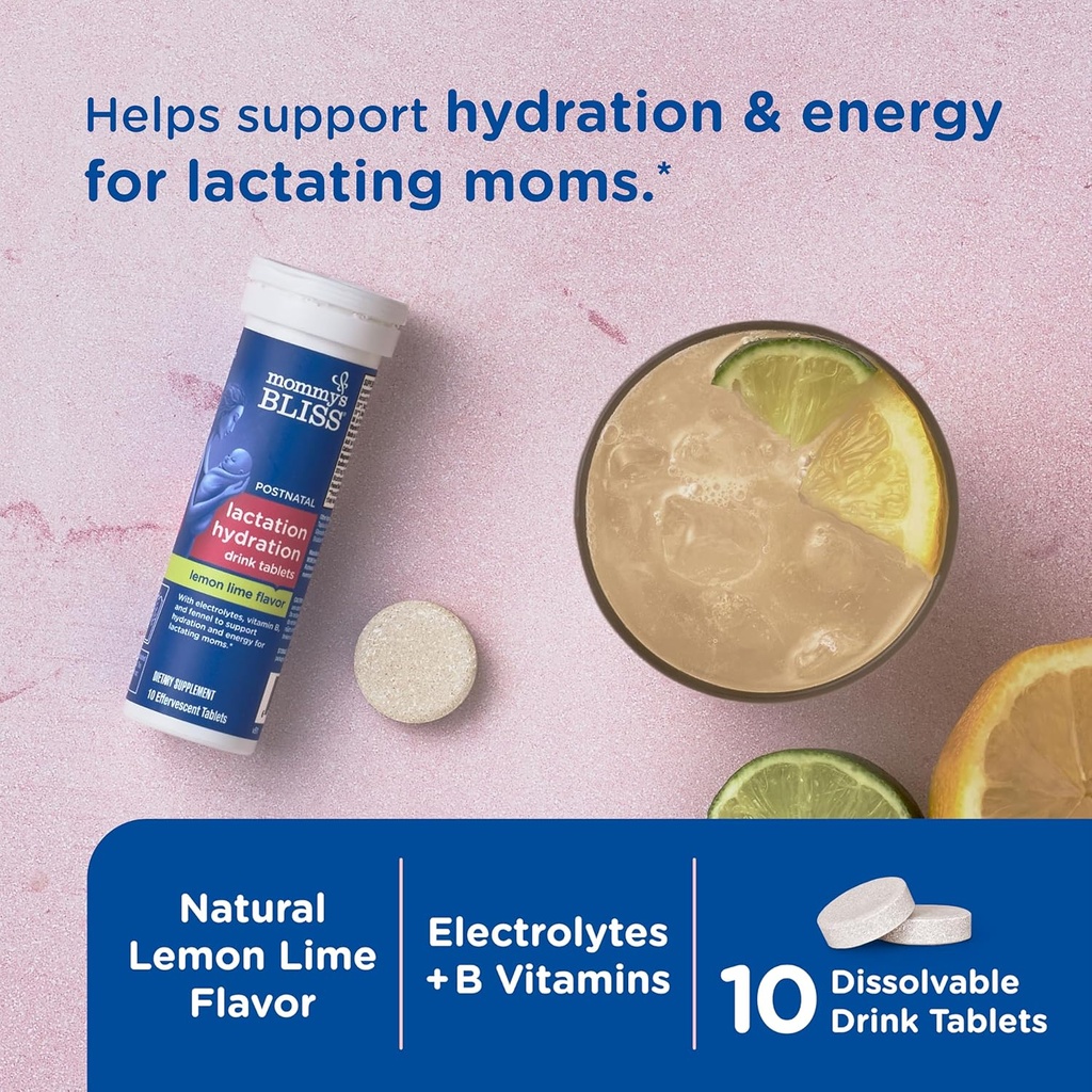 Mommy's Bliss Lactation Hydration Drink Tablets, Lemon Lime Flavor, Electrolytes + B Vitamins, 1 Pack (10 Tablets) 3