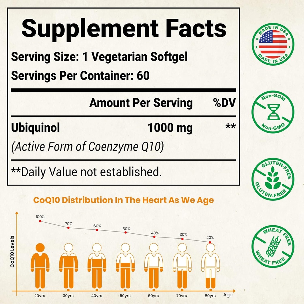 1000mg Liposomal CoQ10 Ubiquinol, 60 Vegan Softgels, High Absorption Ubiquinol CoQ10 Supplement, Active Antioxidant Form of Coenzyme Q10 for Heart Health & Energy Production 3